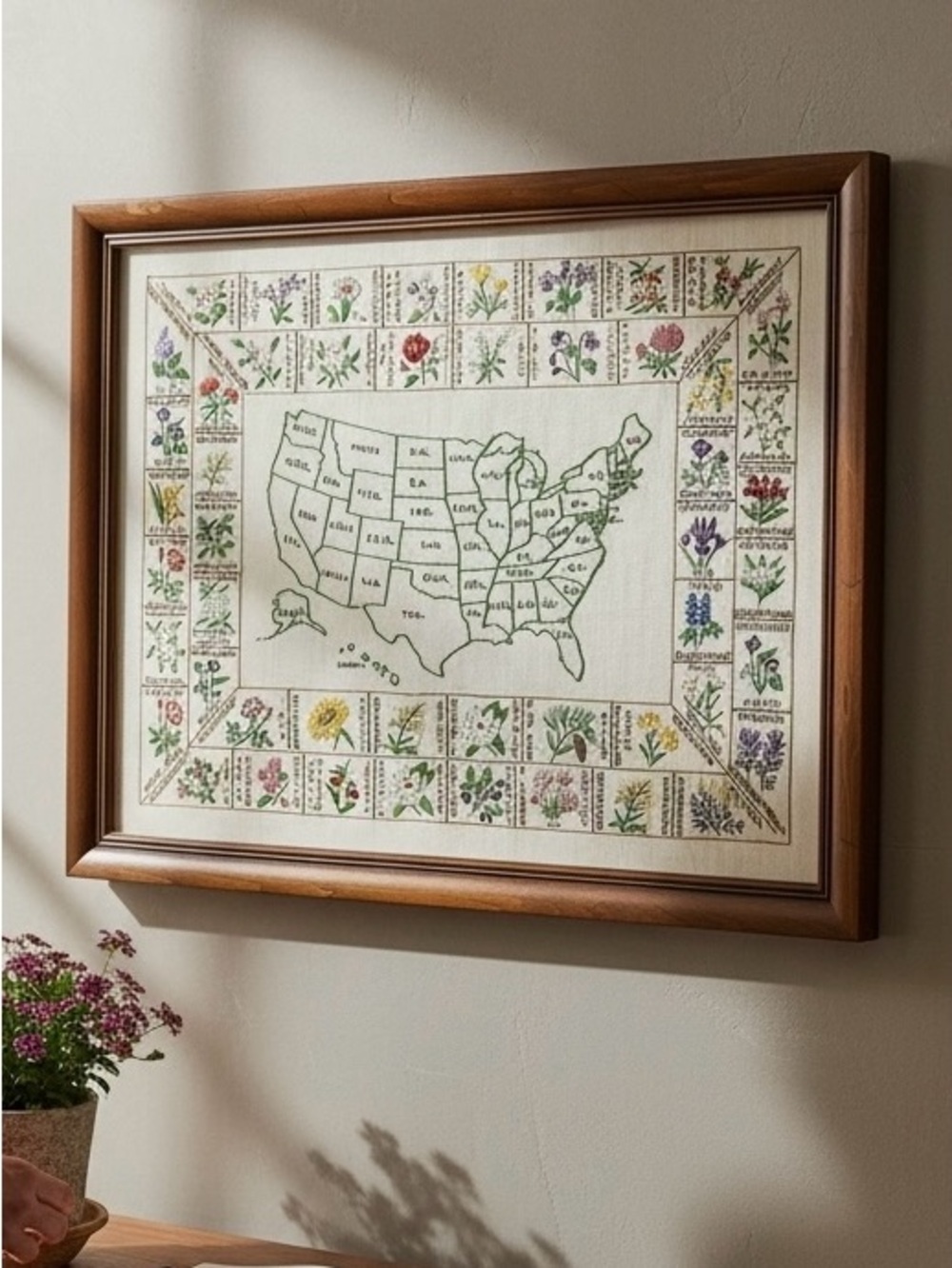 Vintage Needlepoint Paragon USA Map State Flowers Sampler Folk Art Embroidered